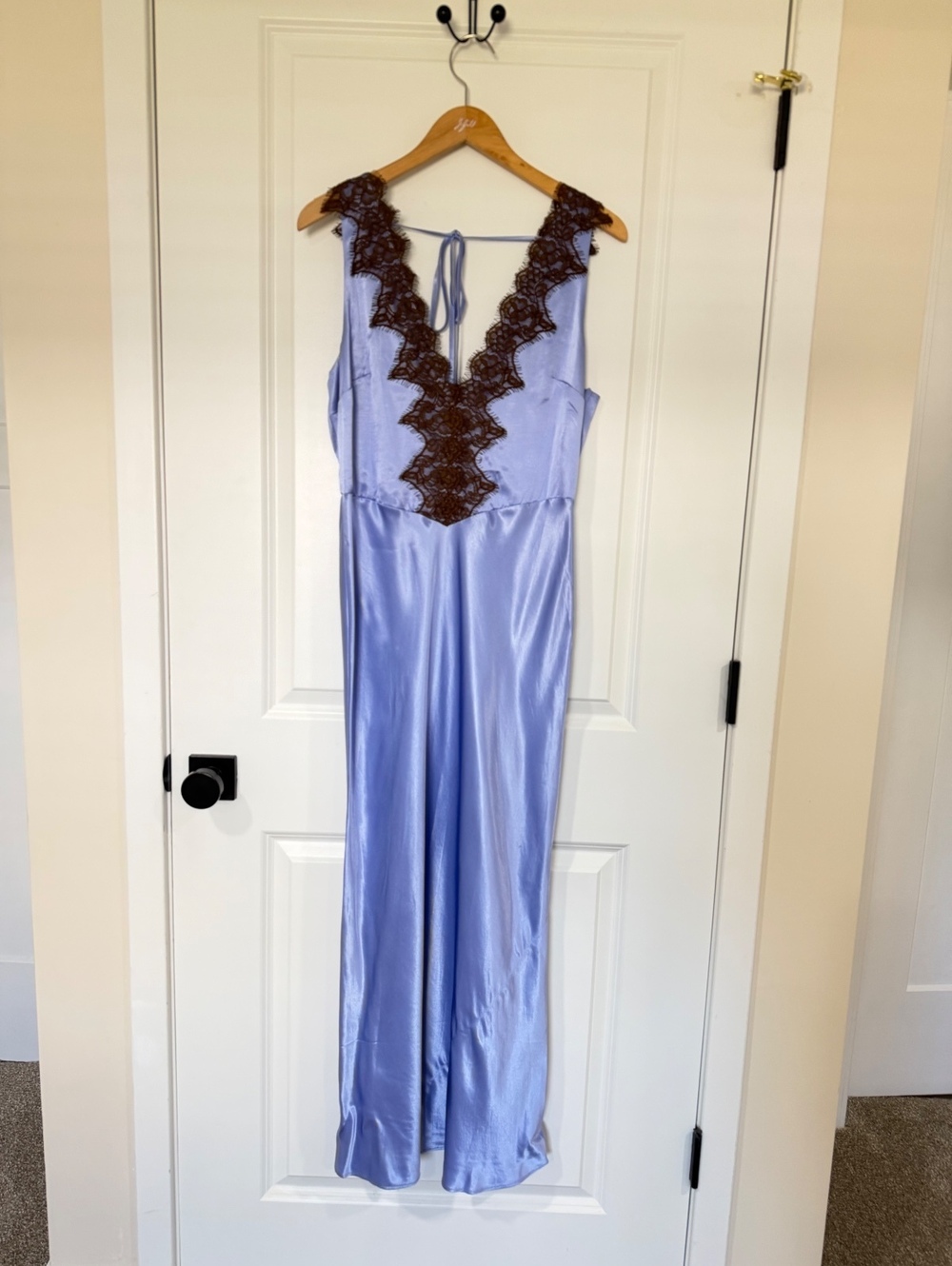 Anthropologie Blue Brown Lace V-Neck Satin Midi Slip Dress Medium - Picture 4 of 5